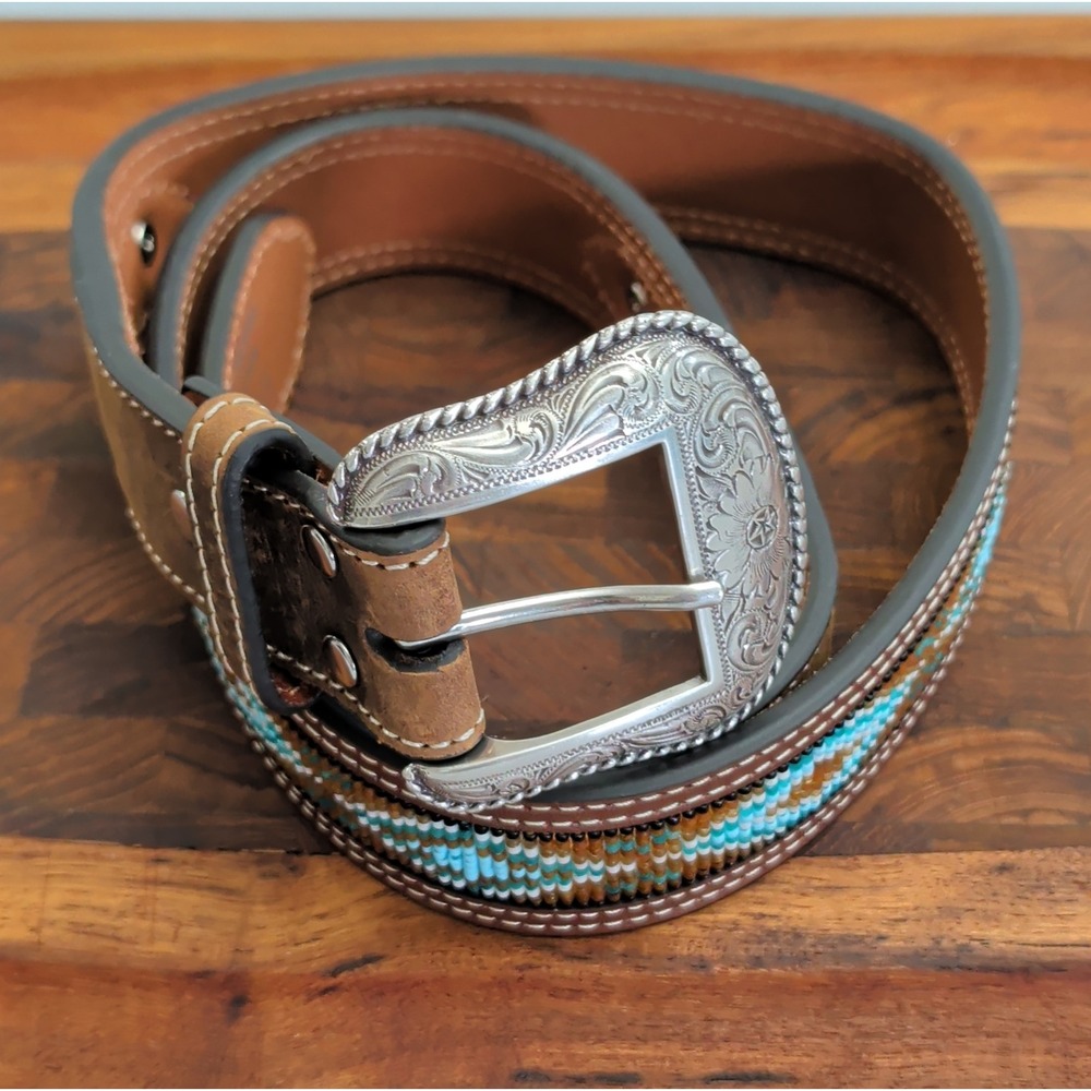 Nocona N2413644 Western Beaded Leather Belt Brown Silver Engraved Buckle Mens 36
